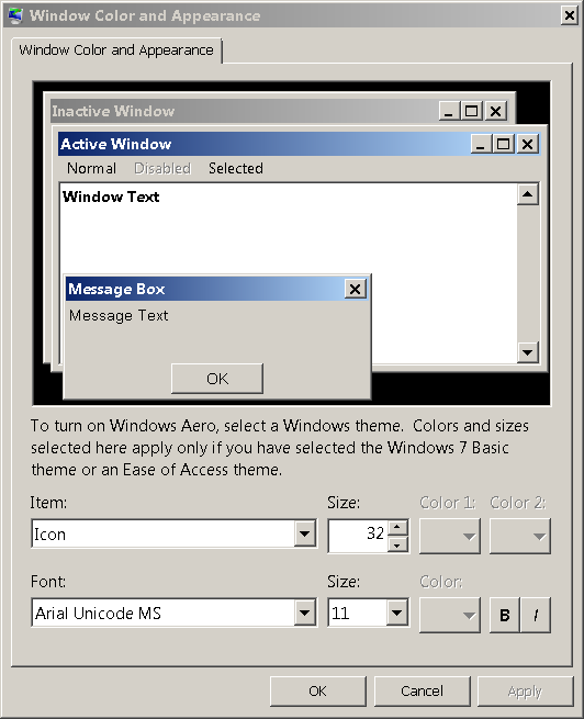 Windows 7 font settings